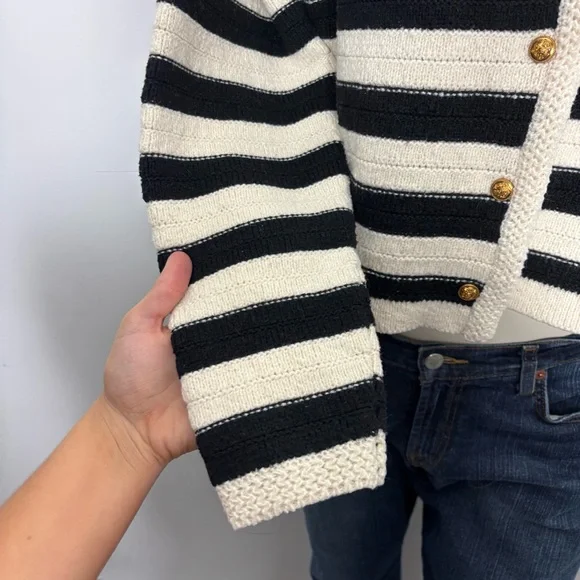 Striped Black and cream gold button up Cardigan - Picture 3 of 5
